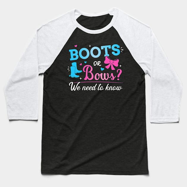 Gender reveal boots or bows we need to know baby party Baseball T-Shirt by Designzz